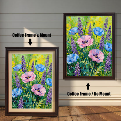 Abstract floral art print featuring pink poppies, blue poppies, and purple lavender. Shown in two framed options: a Coffee Frame with a Mount (lighter border/mat) on the left, and a Coffee Frame with No Mount on the right.