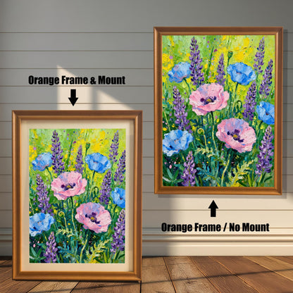 Abstract floral art print featuring pink poppies, blue poppies, and purple lavender. Shown in two framed options: an Orange Frame with a Mount (lighter border/mat) on the left, and an Orange Frame with No Mount on the right.