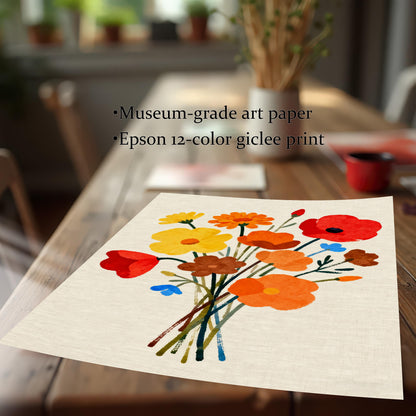 Close-up view of the unframed floral bouquet art print lying on a wooden table. Text on the image states it is a "Museum-grade art paper" and an "Epson 12-color giclee print."