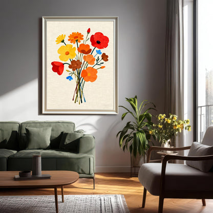 Styled photo of the Modern Floral Bouquet art print in a White frame, hanging above a green sofa and small coffee table in a bright, contemporary living room.