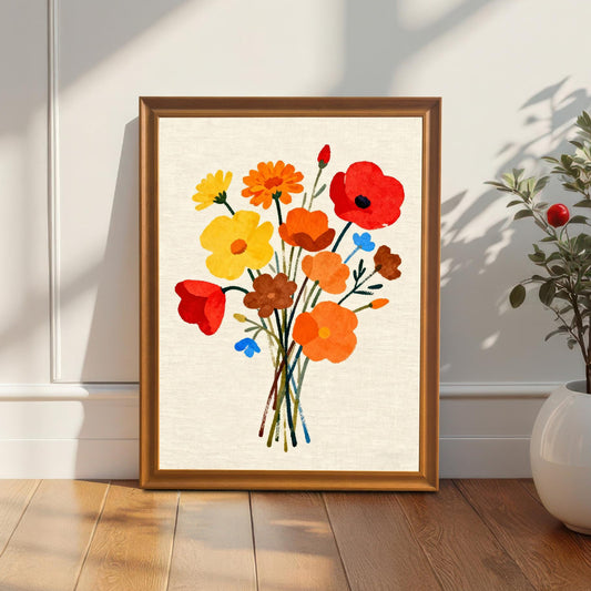 Styled photo of the floral bouquet art print in an Orange/Brown wood frame, leaning against a white wall next to a houseplant, illuminated by natural light.