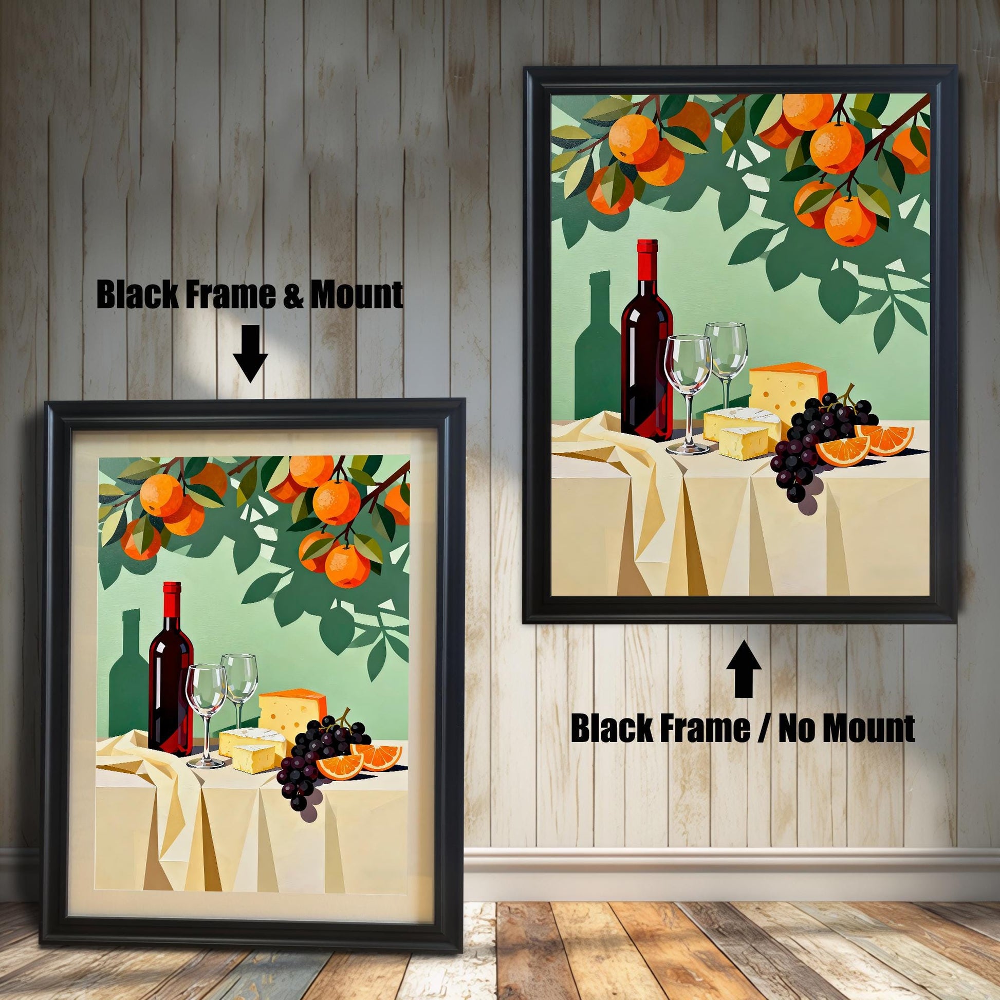 Modern still life art print featuring a red wine bottle, two glasses, cheese, grapes, and orange slices on a table, under an orange tree with a mint green background. Shown in two framed options: a Black Frame with a Mount (lighter border/mat) on the left, and a Black Frame with No Mount on the right.
