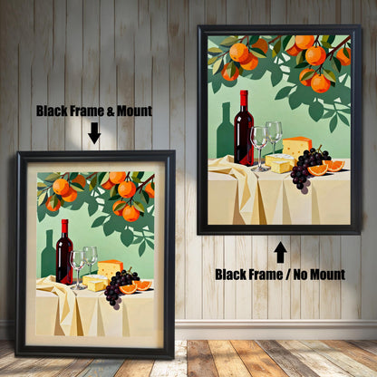 Modern still life art print featuring a red wine bottle, two glasses, cheese, grapes, and orange slices on a table, under an orange tree with a mint green background. Shown in two framed options: a Black Frame with a Mount (lighter border/mat) on the left, and a Black Frame with No Mount on the right.