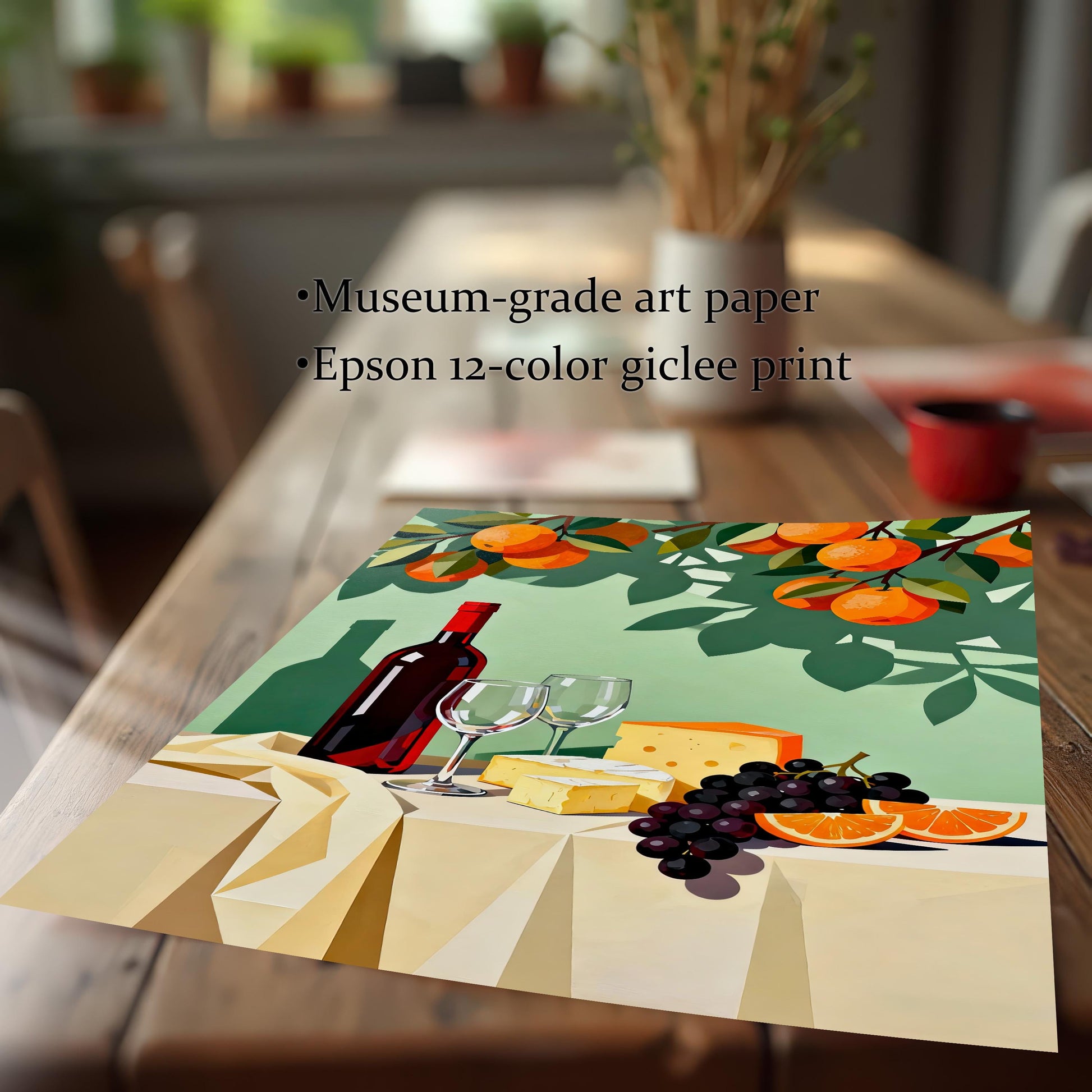 Close-up view of the unframed still life print lying on a wooden table, featuring a wine bottle, cheese, and fruit. Text on the image states it is a "Museum-grade art paper" and an "Epson 12-color giclee print."