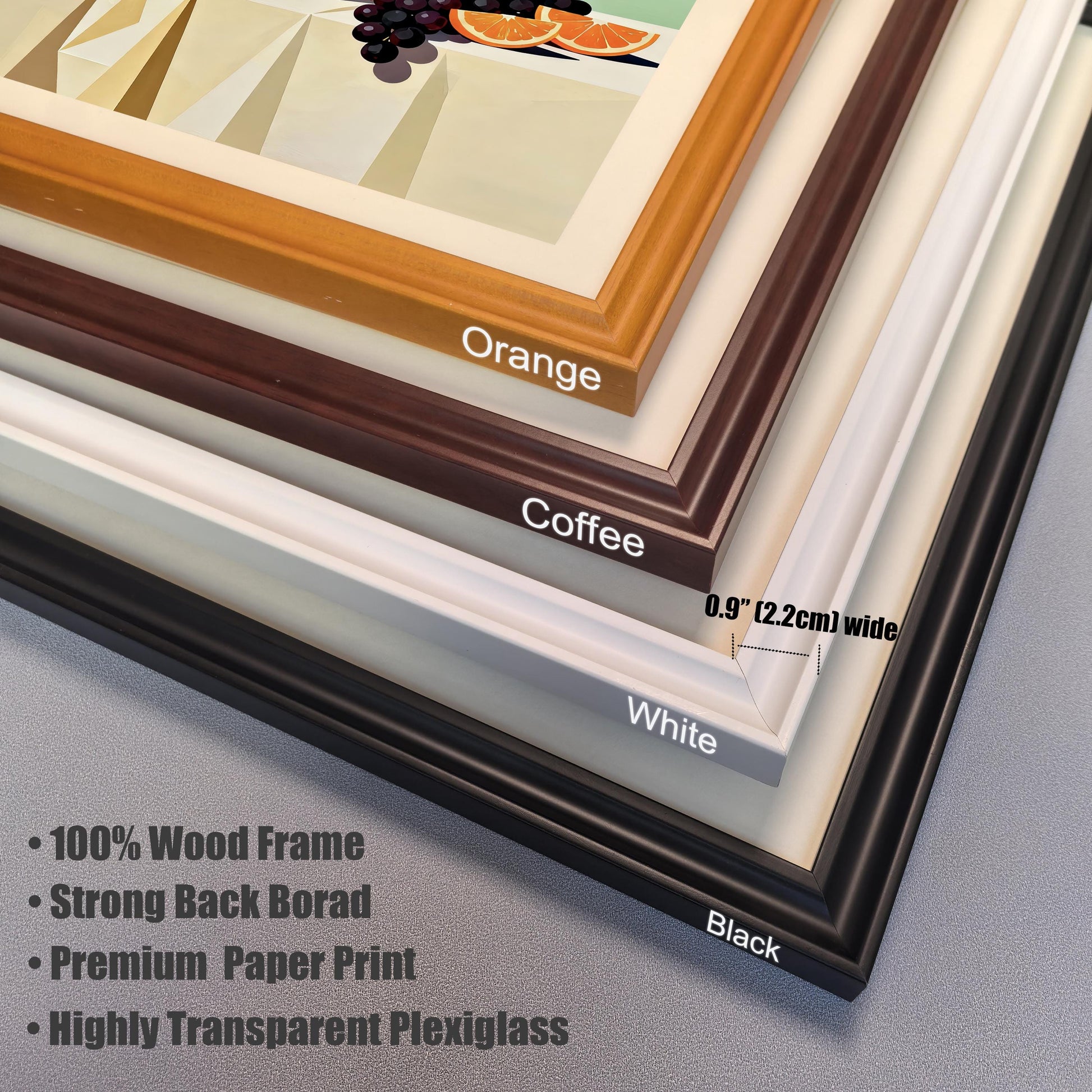 Stacked corner samples of the 0.9" (2.2cm) wide wood frames in four colors (Orange, Coffee, White, Black). Bullet points list features: "100% Wood Frame," "Strong Back Board," "Premium Paper Print," and "Highly Transparent Plexiglass."