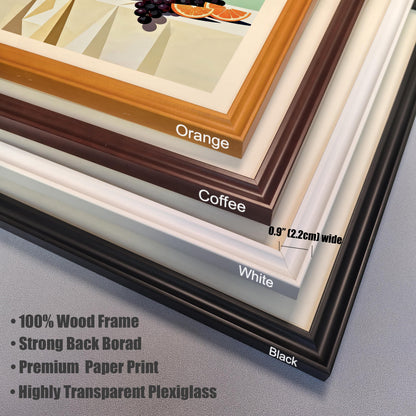 Stacked corner samples of the 0.9" (2.2cm) wide wood frames in four colors (Orange, Coffee, White, Black). Bullet points list features: "100% Wood Frame," "Strong Back Board," "Premium Paper Print," and "Highly Transparent Plexiglass."