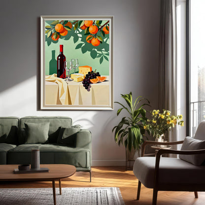 Styled photo of the Wine and Cheese Still Life art print in a White frame, hanging above a green sofa and small coffee table in a bright, contemporary living room.