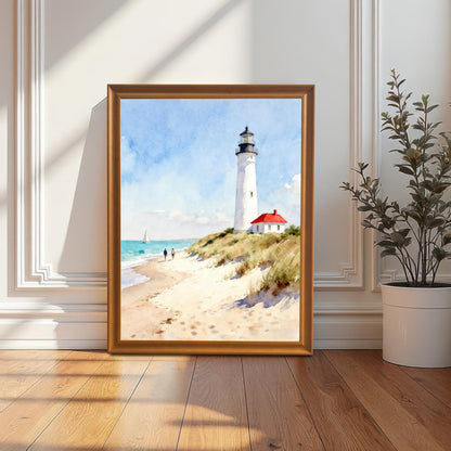 Lifestyle photo showing the framed art print of a lighthouse on a beach leaning on a wooden floor against a decorative white wall, next to a potted plant. The frame is a natural wood color.