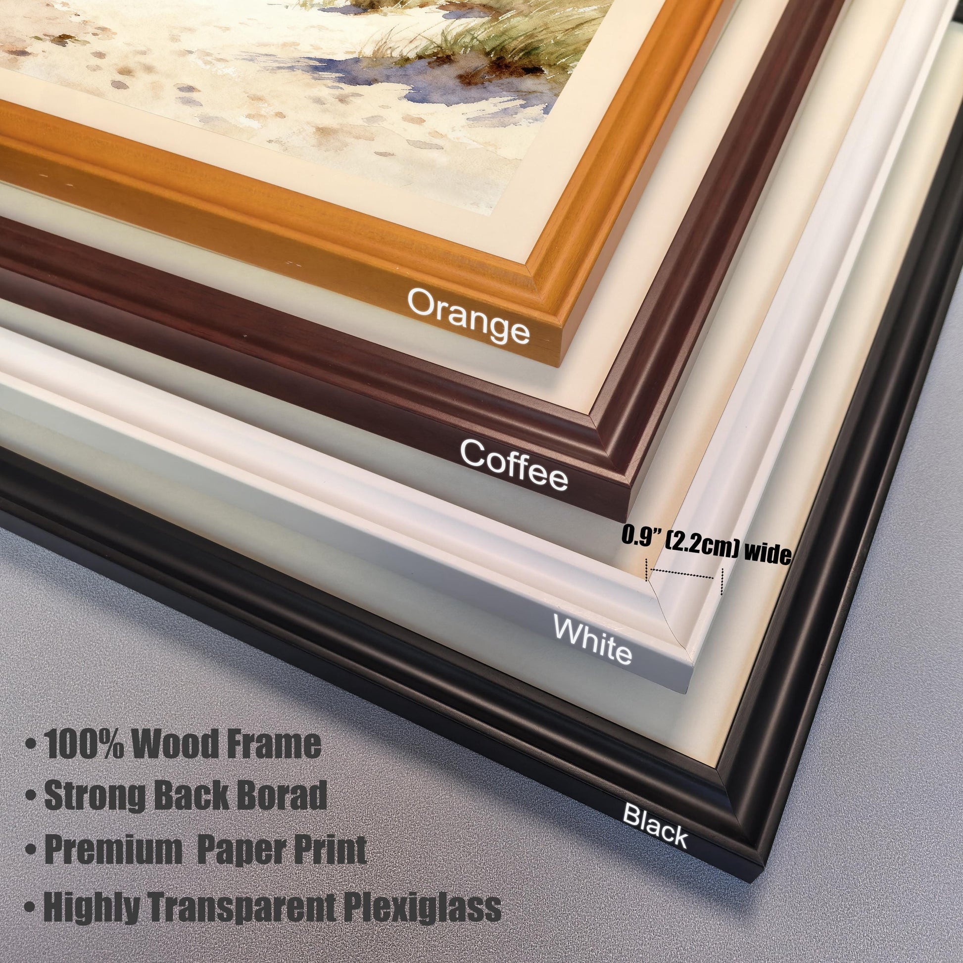 Close-up photo of the four available wood frame corner samples stacked on top of each other, showing the colors: Orange, Coffee, White, and Black. Text highlights frame specifications: 0.9" (2.2cm) wide, 100% Wood Frame, Strong Back Board, Premium Paper Print, and Highly Transparent Plexiglass.
