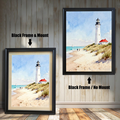 Comparison of two framed art prints on a wall. On the left, an art print of a lighthouse on a beach in a framed with a Black Frame & Mount (matting). On the right, the same art print with a Black Frame / No Mount. The arrows clearly indicate which frame/mount option is which.