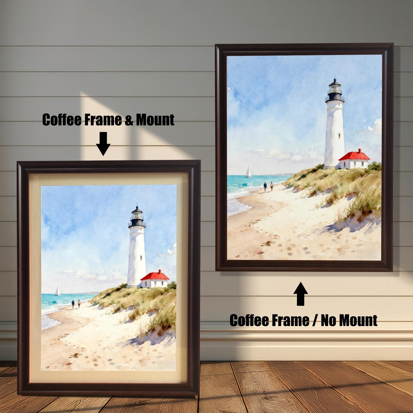 Comparison of two framed art prints on a wall. On the left, an art print of a lighthouse on a beach in a framed with a Coffee Frame & Mount (matting). On the right, the same art print with a Coffee Frame / No Mount. The arrows clearly indicate which frame/mount option is which.