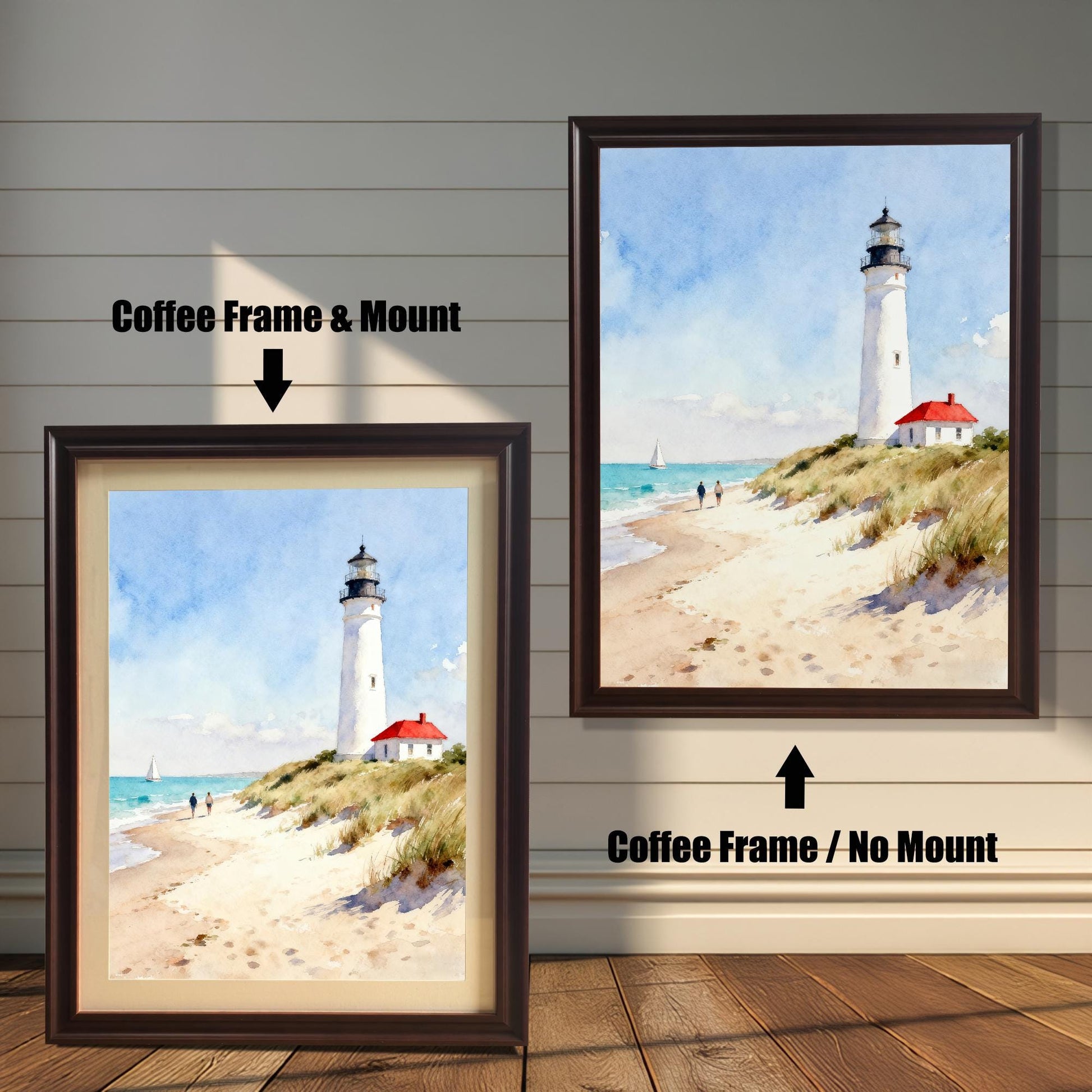 Comparison of two framed art prints on a wall. On the left, an art print of a lighthouse on a beach in a framed with a Coffee Frame & Mount (matting). On the right, the same art print with a Coffee Frame / No Mount. The arrows clearly indicate which frame/mount option is which.