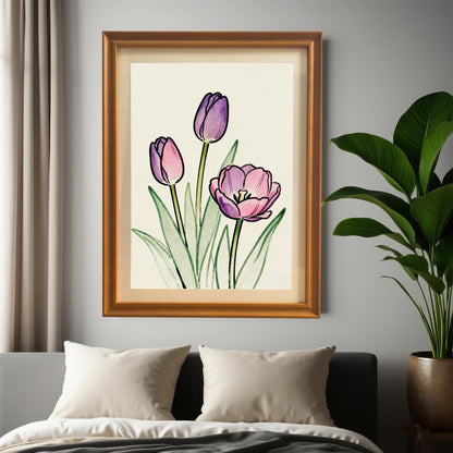 Lifestyle photo showing the framed tulip art print hung above a bed with white pillows and a dark comforter. The print is in a natural wood-colored frame (Orange color option), with a potted plant on the right.