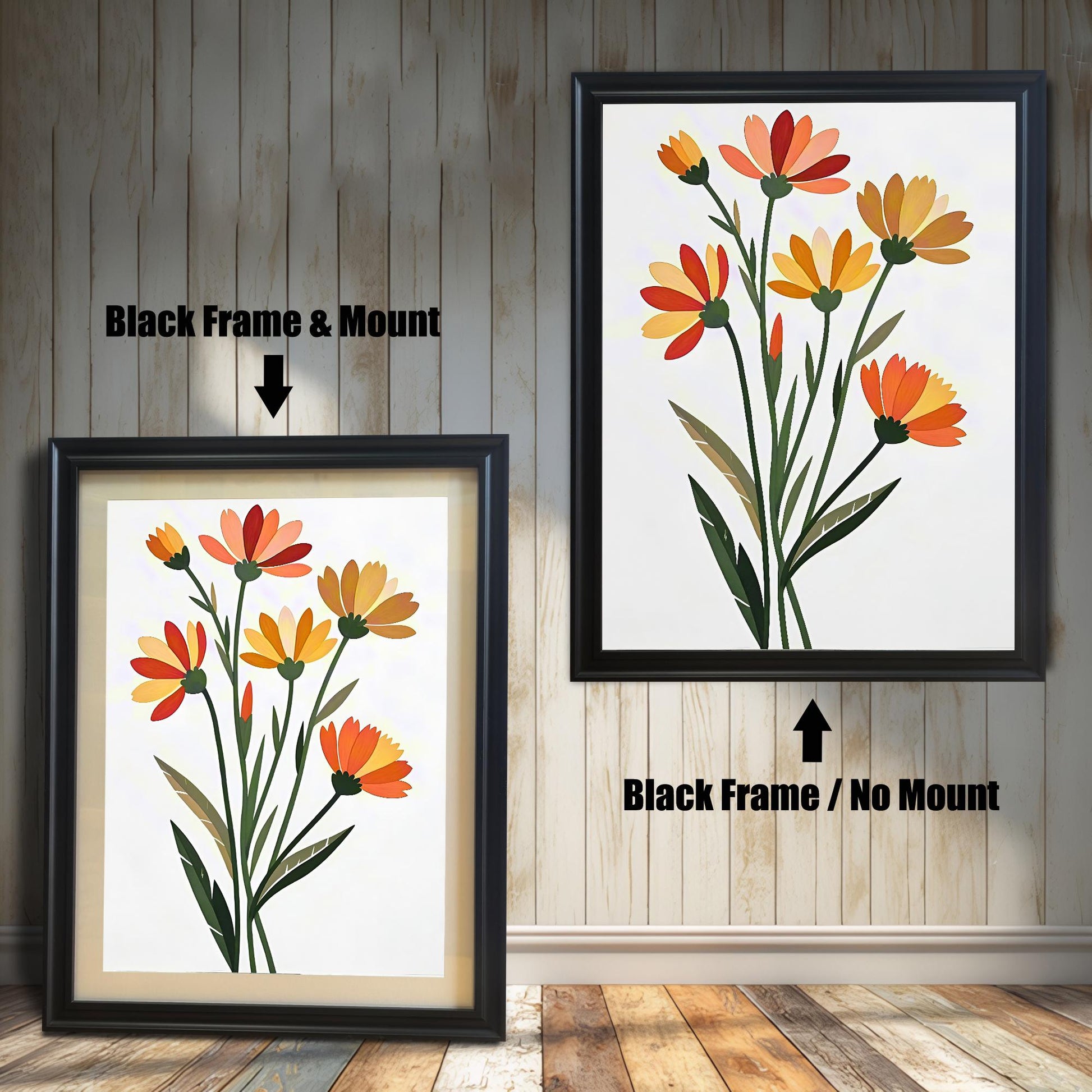 Comparison of two framed art prints on a wall. On the left, a vibrant floral print in a framed with a Black Frame & Mount (matting). On the right, the same floral print with a Black Frame / No Mount. Arrows indicate the frame/mount options.