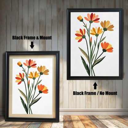 Comparison of two framed art prints on a wall. On the left, a vibrant floral print in a framed with a Black Frame & Mount (matting). On the right, the same floral print with a Black Frame / No Mount. Arrows indicate the frame/mount options.