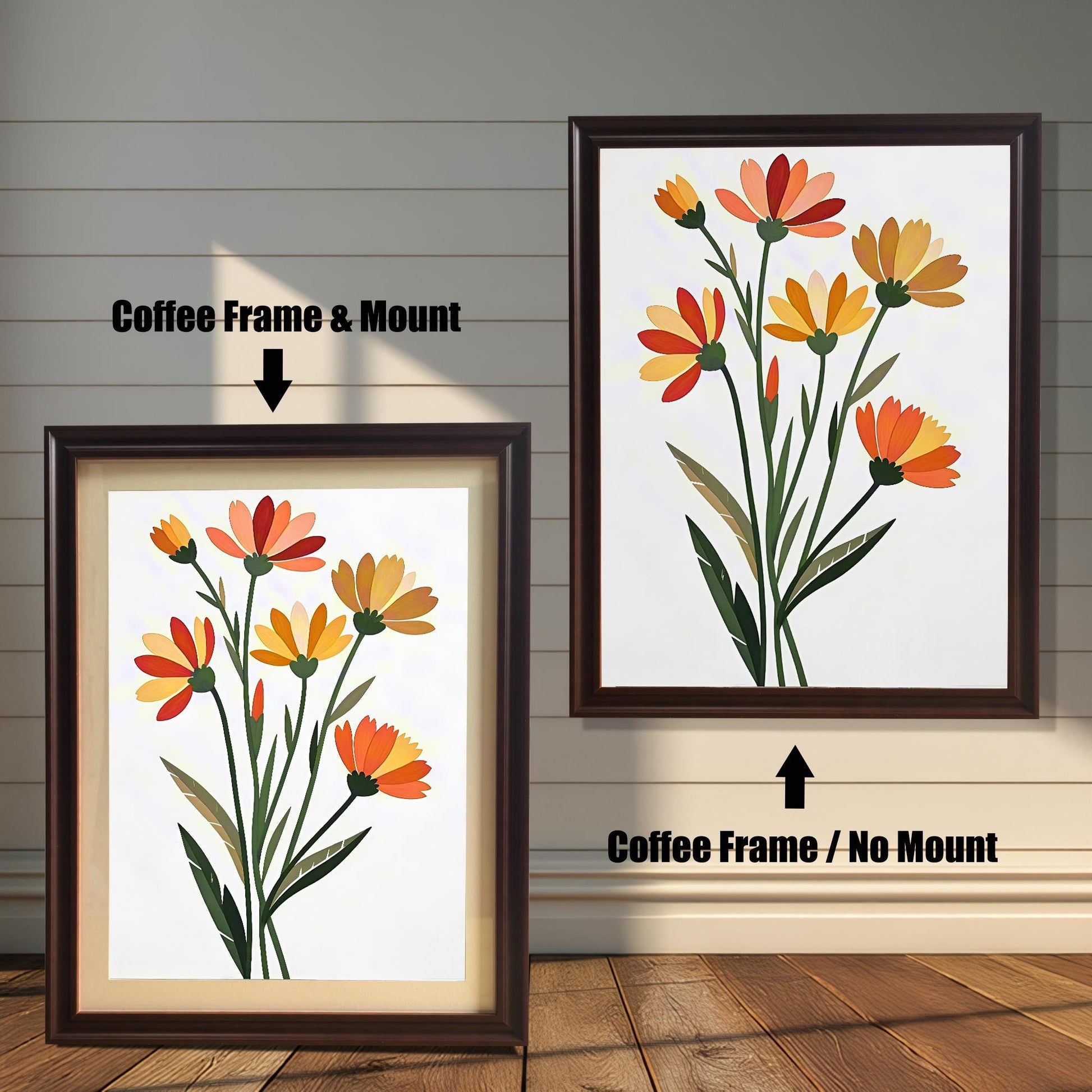 Comparison of two framed art prints on a wall. On the left, a vibrant floral print in a framed with a Coffee Frame & Mount (matting). On the right, the same floral print with a Coffee Frame / No Mount. Arrows indicate the frame/mount options.