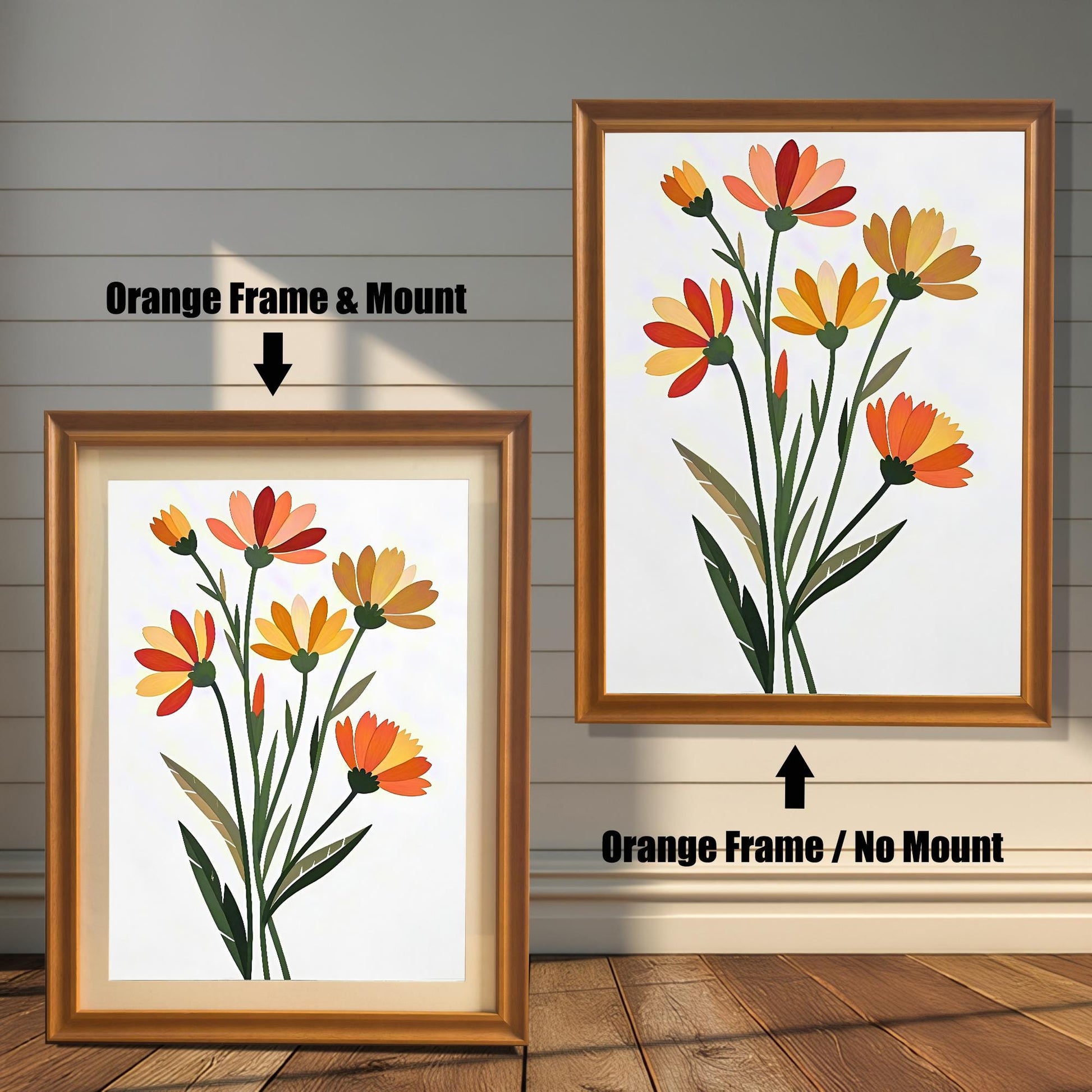 Comparison of two framed art prints on a wall. On the left, a vibrant floral print in a framed with an Orange Frame & Mount (matting). On the right, the same floral print with an Orange Frame / No Mount. Arrows indicate the frame/mount options.