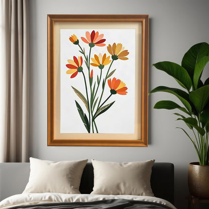 Lifestyle photo showing the framed floral art print hung above a bed with white pillows and a gray comforter. The print is in an Orange wood-colored frame with a mat/mount. A large potted plant is visible on the right.