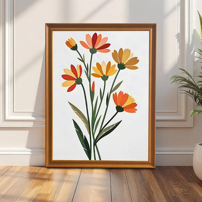 Lifestyle photo showing the framed floral art print leaning on a wooden floor against a decorative white wall, next to a tall potted plant. The frame is a natural wood color (Orange color option).