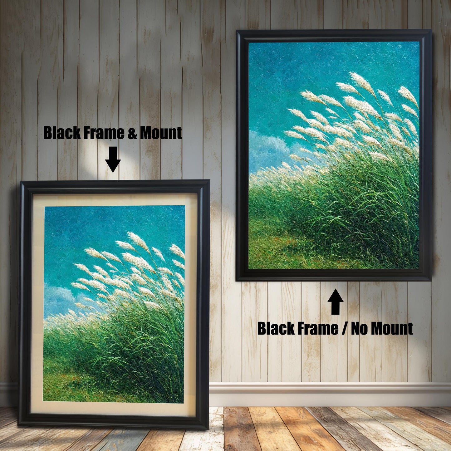 Comparison of two framed art prints on a wall. On the left, a windy grass field print in a framed with a Black Frame & Mount (matting). On the right, the same print with a Black Frame / No Mount. Arrows indicate the frame/mount options.