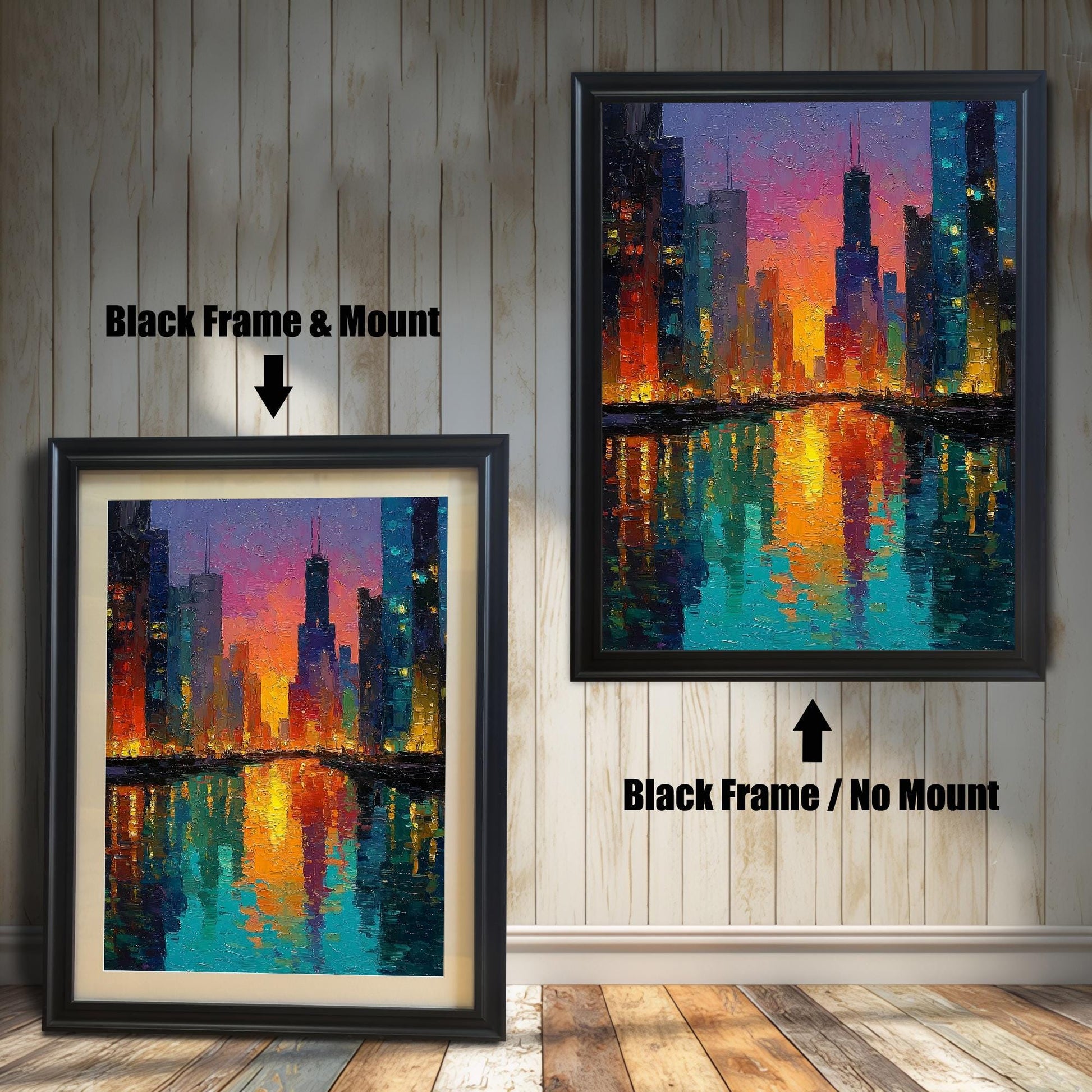 Product image comparing two options: a Black Frame & Mount (with a white mat) and a Black Frame / No Mount (without a mat) for the impressionist Chicago skyline art print. They are leaning on a rustic wood floor against a white, shiplap wall background.