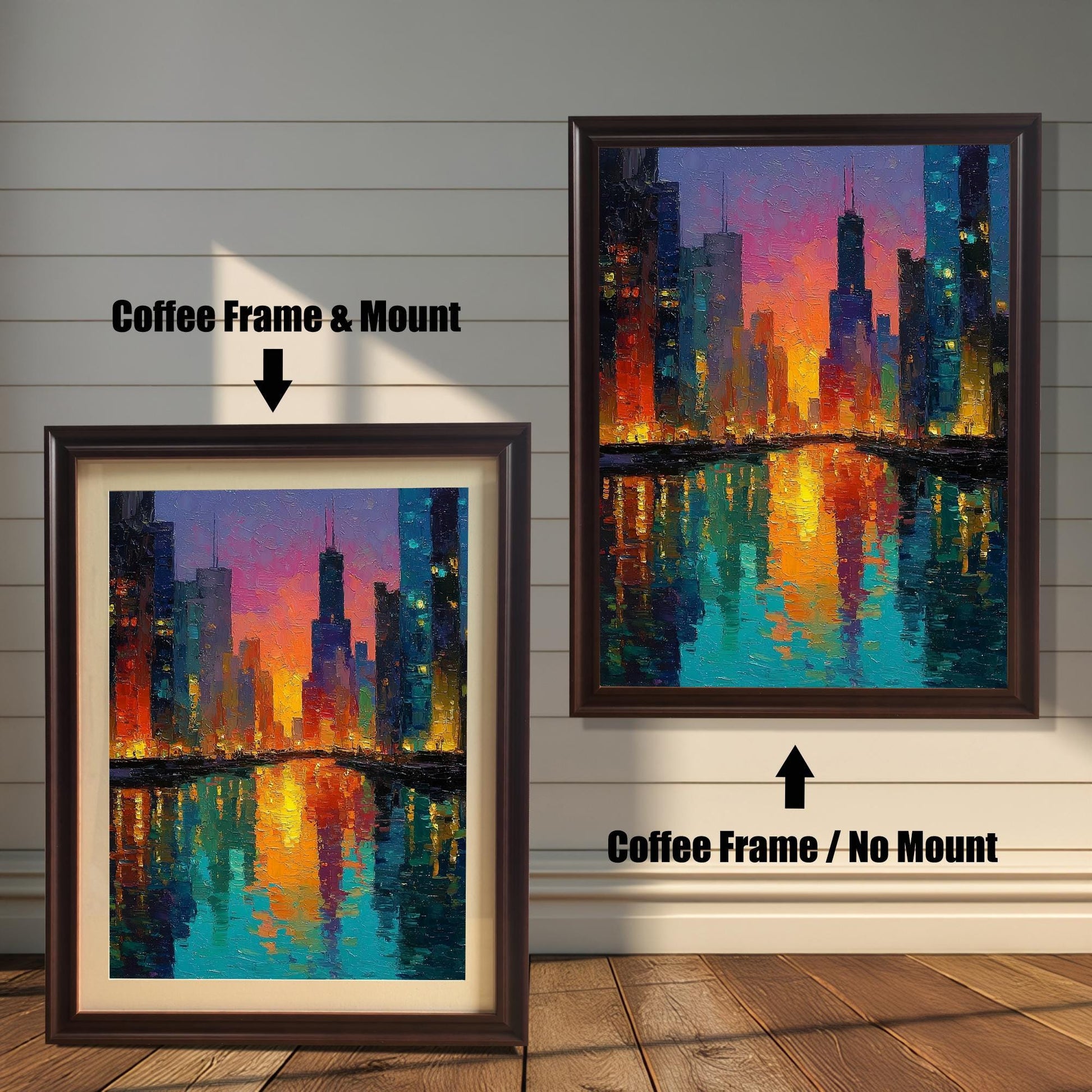 Product image comparing two options: a Coffee Frame & Mount (with a light-colored mat) and a Coffee Frame / No Mount (without a mat) for the vibrant Chicago skyline art print. They are leaning on a wood floor against a white, shiplap wall background.