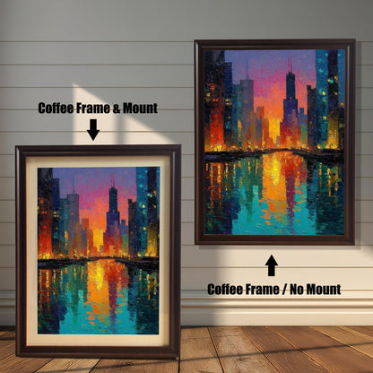 Product image comparing two options: a Coffee Frame & Mount (with a light-colored mat) and a Coffee Frame / No Mount (without a mat) for the vibrant Chicago skyline art print. They are leaning on a wood floor against a white, shiplap wall background.