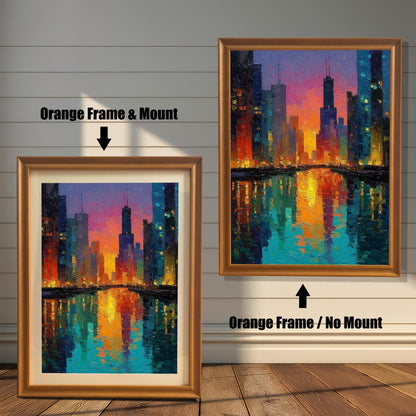 Product image comparing two options: an Orange Frame & Mount (with a light-colored mat) and an Orange Frame / No Mount (without a mat) for the impressionist Chicago skyline art print. They are leaning on a wood floor against a white, shiplap wall background.