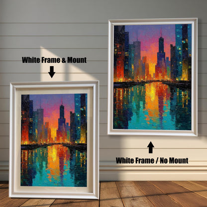 Product image comparing two options: a White Frame & Mount (with a white mat) and a White Frame / No Mount (without a mat) for the colorful Chicago skyline art print. They are leaning on a wood floor against a white, shiplap wall background.