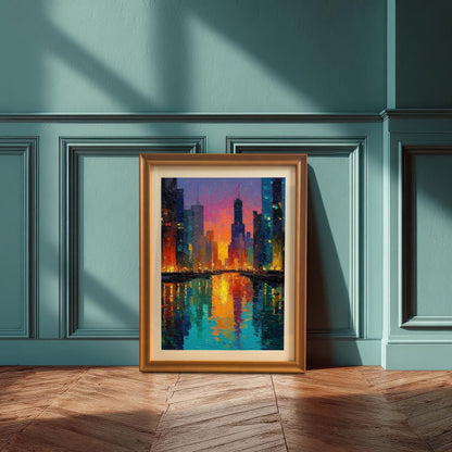 A gold-framed art print of a vibrant, colorful Chicago cityscape painting at sunset, with city lights reflecting in the water. The print is leaning on a wood floor against a blue-green wainscoting wall with a strong shadow cast on it.