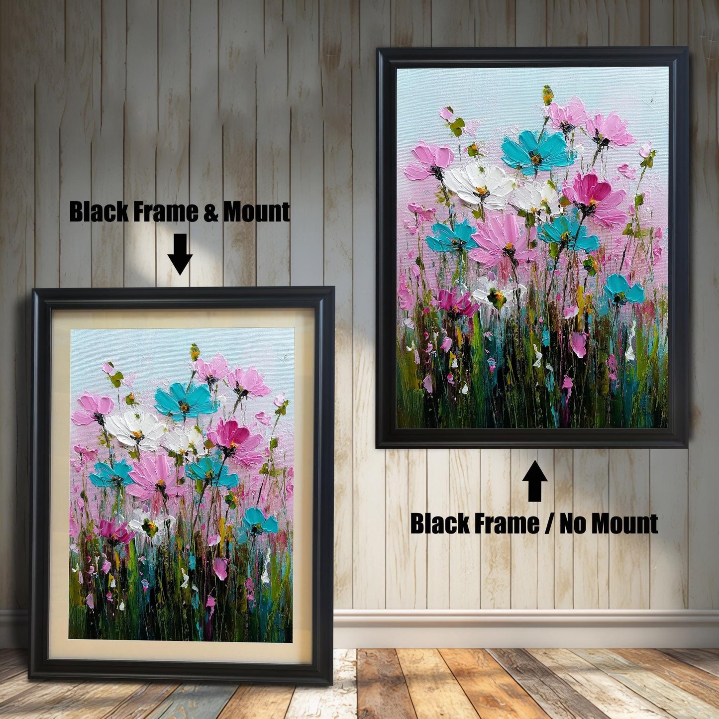 Product image comparing two options: a Black Frame & Mount (with a light mat) and a Black Frame / No Mount for the vibrant floral print. The framed prints are displayed on a rustic wood floor against a white, shiplap wall.
