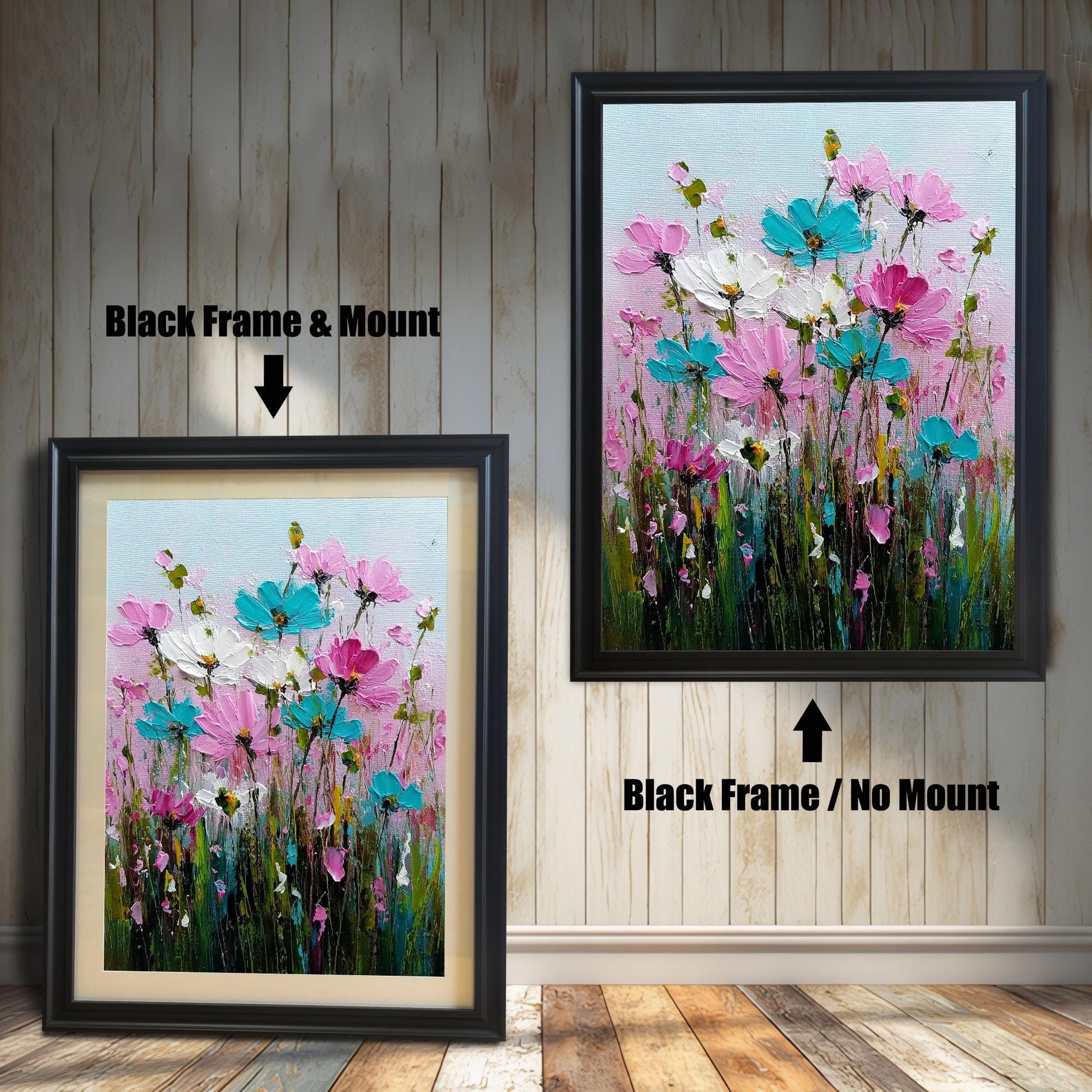 Product image comparing two options: a Black Frame & Mount (with a light mat) and a Black Frame / No Mount for the vibrant floral print. The framed prints are displayed on a rustic wood floor against a white, shiplap wall.