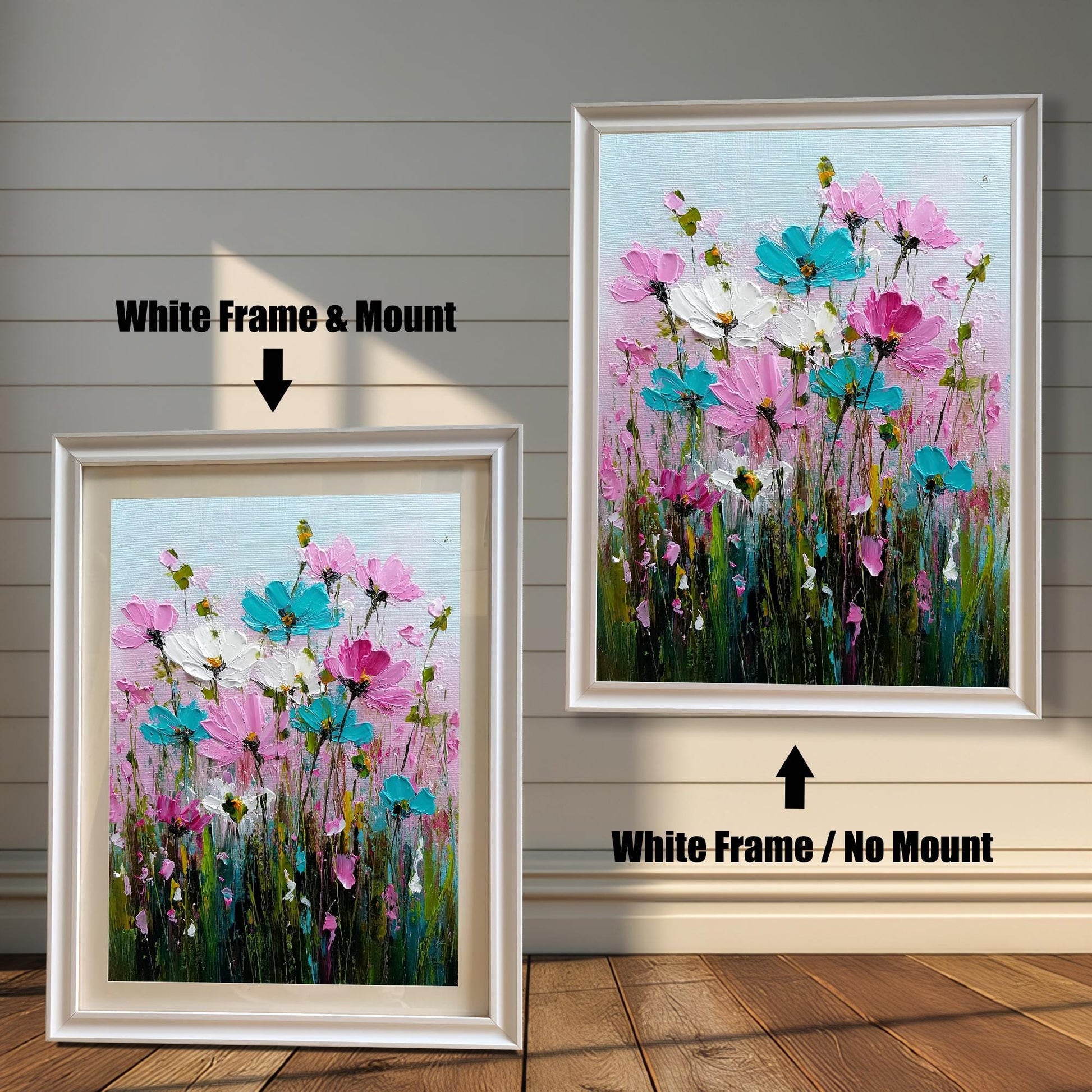 Product image comparing two options: a White Frame & Mount (with a white mat) and a White Frame / No Mount for the vibrant floral painting print. The framed prints are displayed on a wood floor against a white, shiplap wall.
