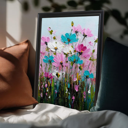 Black wood-framed art print of a textured floral oil painting featuring colorful cosmos or wildflowers in pink, teal, and white. The print is styled propped on a couch between a rust-colored pillow and a dark teal pillow.