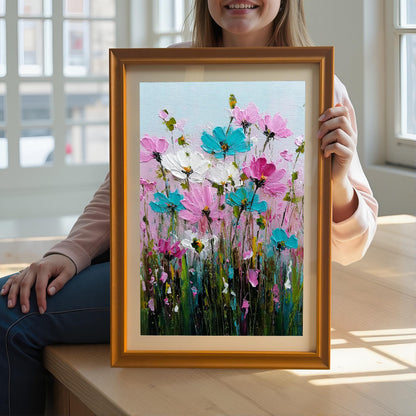 A smiling woman wearing a pink sweater is holding up a gold wood-framed art print of a thick, abstract painting. The artwork features brightly colored pink, white, and teal blue flowers (cosmos) on tall green stems. She is sitting in a sunlit window.