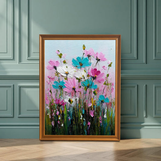 Orange-gold framed art print of a vibrant, abstract field of pink and turquoise flowers. The framed art is leaning on a wood floor against a decorative, sage-green paneled wainscoting wall with a strong shadow cast on it.