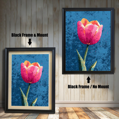 Two versions of the tulip art print with a Black Frame: one on the left with a Mount (matting) and one on the right with No Mount. Arrows indicate the difference.