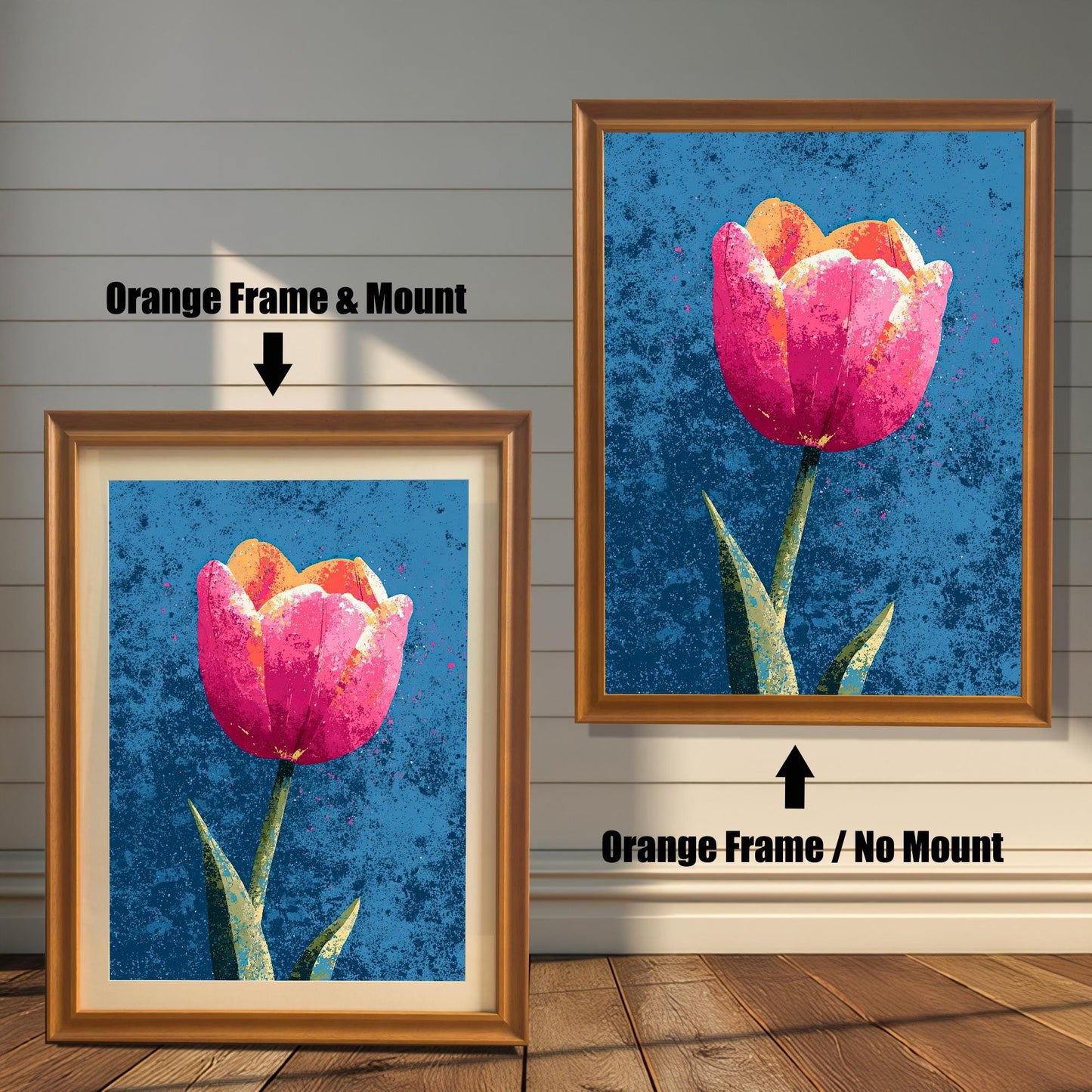 Two versions of the tulip art print with an Orange Frame: one on the left with a Mount (matting) and one on the right with No Mount. Arrows indicate the difference.