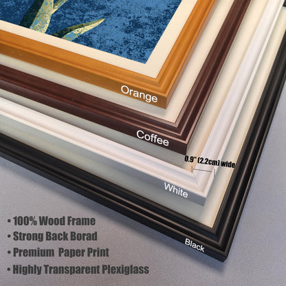 Corner close-up stack of the four frame color options: Orange, Coffee (brown), White, and Black. Specifications include 100% Wood Frame, Strong Back Board, Premium Paper Print, and Highly Transparent Plexiglass.