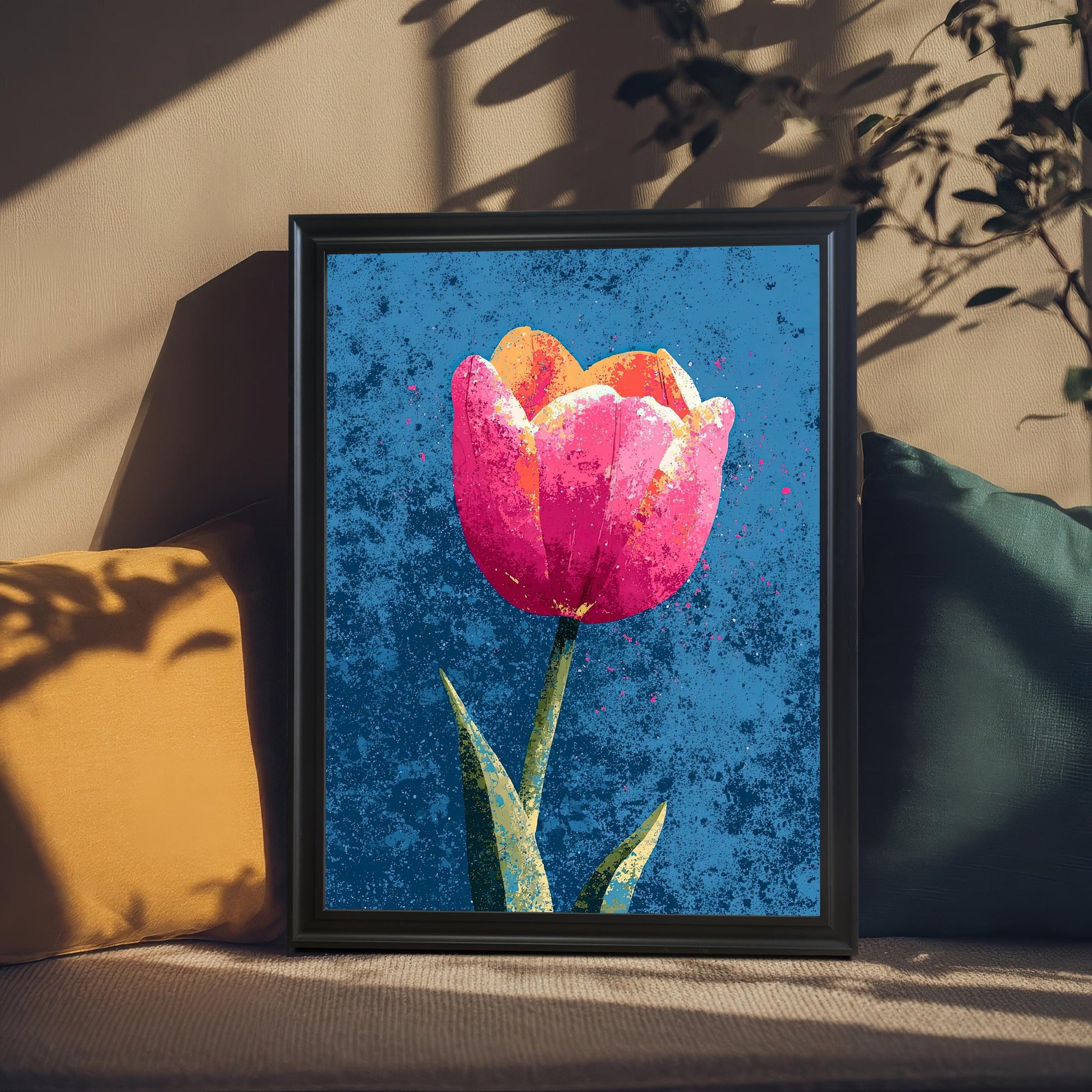 A close-up of the vibrant tulip art print in a Black Wood Frame displayed against a textured couch or seat back, framed by shadows and a mustard-yellow throw pillow.