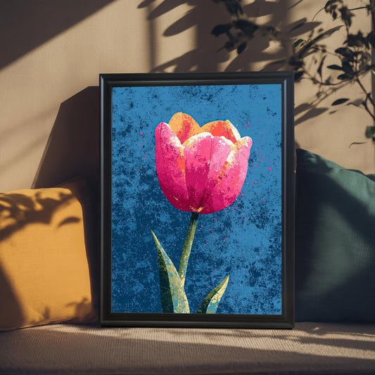 A close-up of the vibrant tulip art print in a Black Wood Frame displayed against a textured couch or seat back, framed by shadows and a mustard-yellow throw pillow.