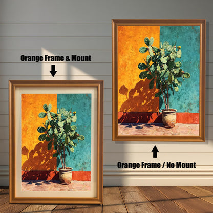 Two versions of the cactus art print with an Orange Frame (light brown/wood tone): one on the left with a Mount (matting) and one on the right with No Mount. Arrows indicate the difference.