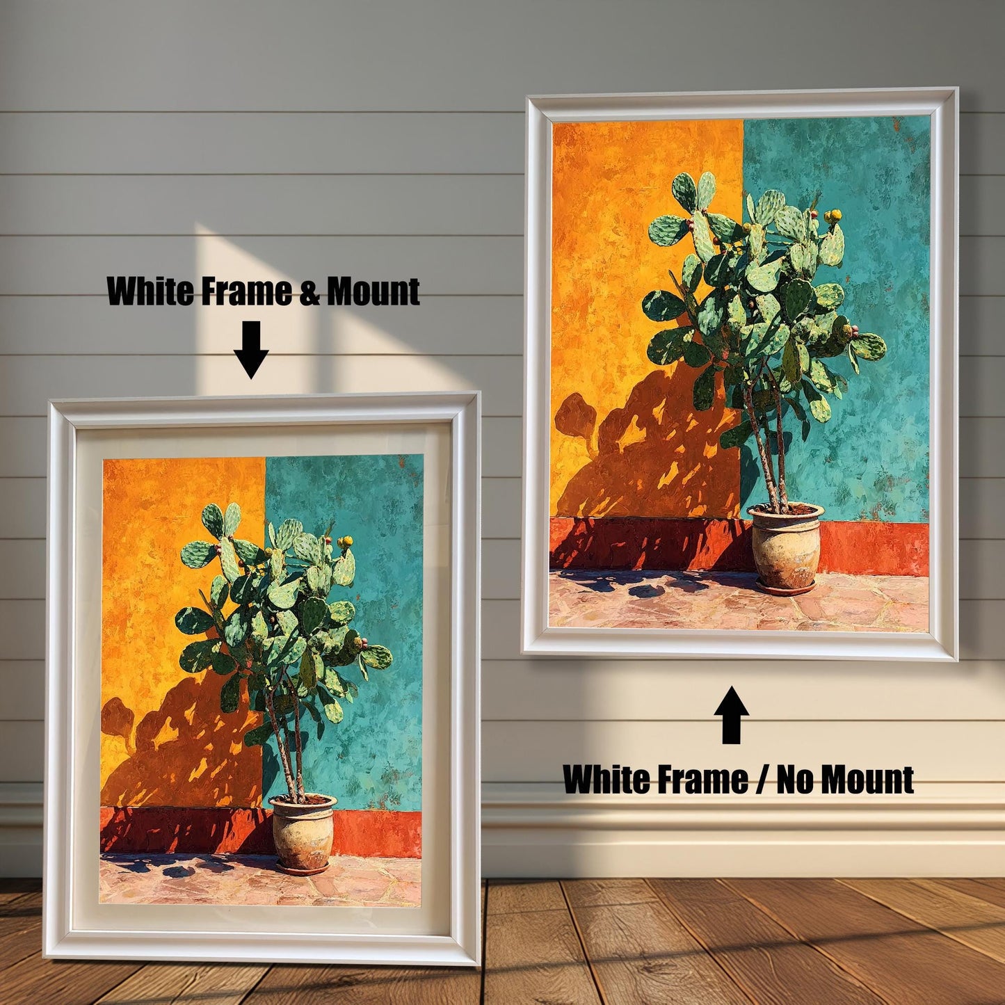 Two versions of the cactus art print with a White Frame: one on the left with a Mount (matting) and one on the right with No Mount. Arrows indicate the difference.