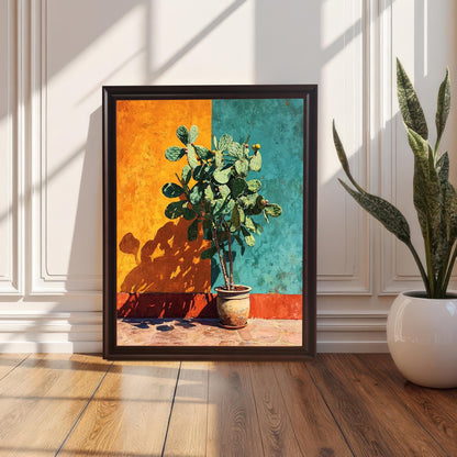The vibrant cactus art print in a Black Wood Frame with no mat, leaning on a glossy wood floor against a white wainscoted wall. Sunlight streams across the floor, highlighting a potted snake plant on the right.