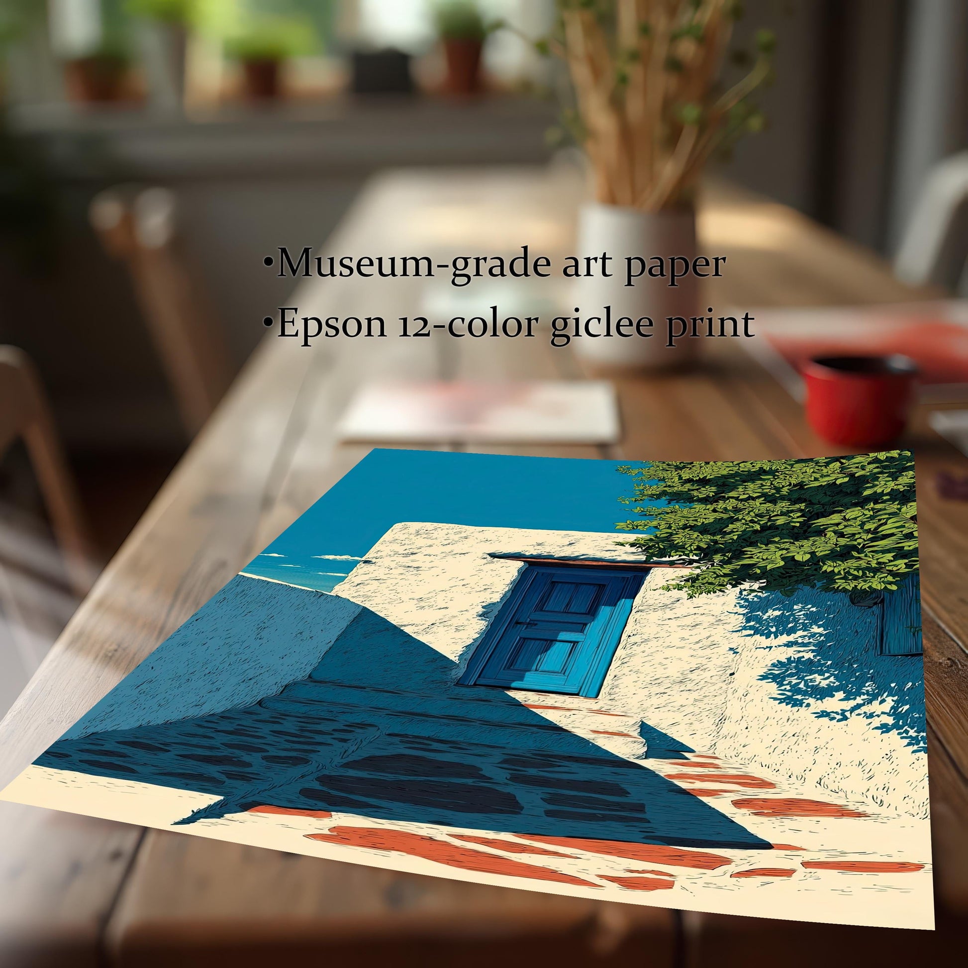 Close-up view of the unframed print on a wooden table, showing the artwork's bright colors and deep shadows. Text highlights the print quality: Museum-grade art paper and Epson 12-color giclee print.