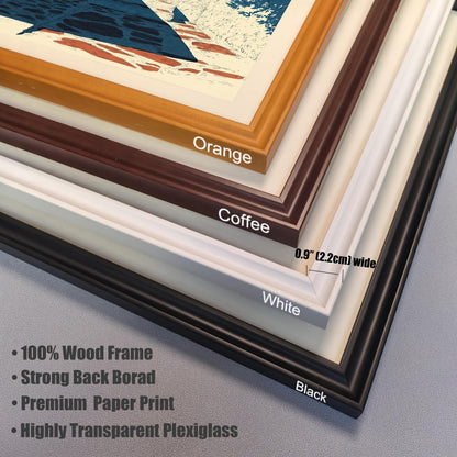 Corner close-up stack of the four frame color options: Orange, Coffee (brown), White, and Black. Specifications note the 100% Wood Frame and Highly Transparent Plexiglass.
