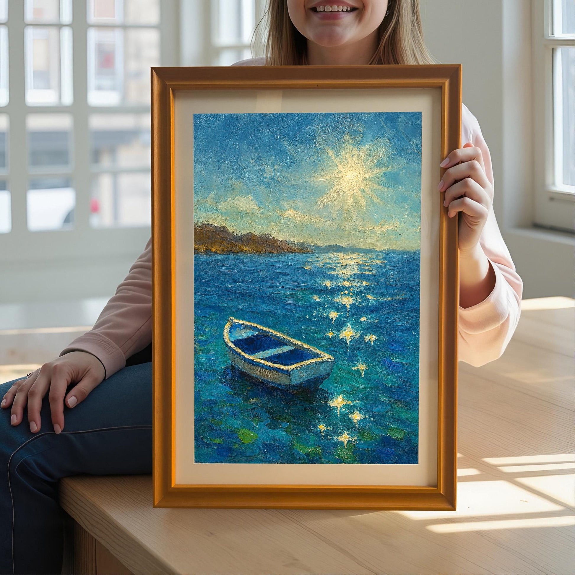 A lifestyle shot of a smiling person holding the framed boat painting, which is in an Orange/Wood frame, seated by a bright window.