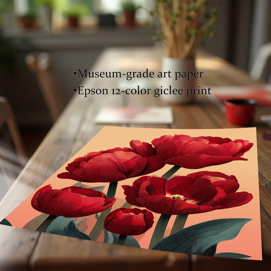 A close-up shot of the red tulip print on a wooden table. Text highlights: Museum-grade art paper and Epson 12-color giclee print.