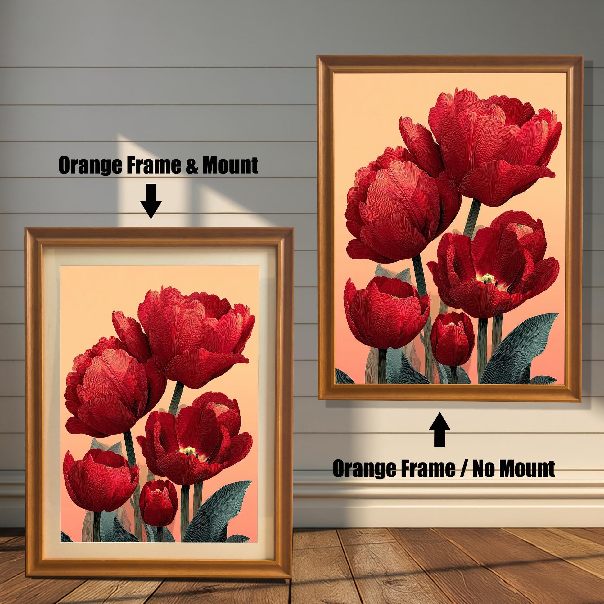 A split image of the red tulip art print. The left side shows the artwork with an Orange Frame & Mount (matting), and the right shows it with an Orange Frame / No Mount.