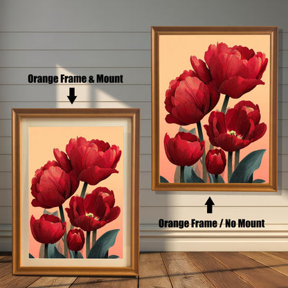 A split image of the red tulip art print. The left side shows the artwork with an Orange Frame & Mount (matting), and the right shows it with an Orange Frame / No Mount.